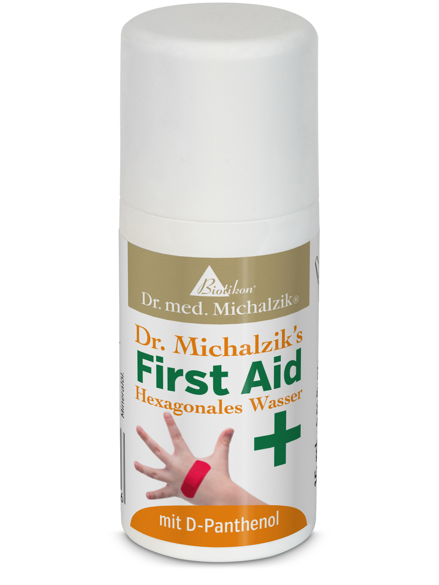 Eau Hexagonale - Spray 100 ml Bouteille de spray avec de l'eau hexagonale, 100 ml, forme rectangulaire, capuchon blanc, texte orange et vert.