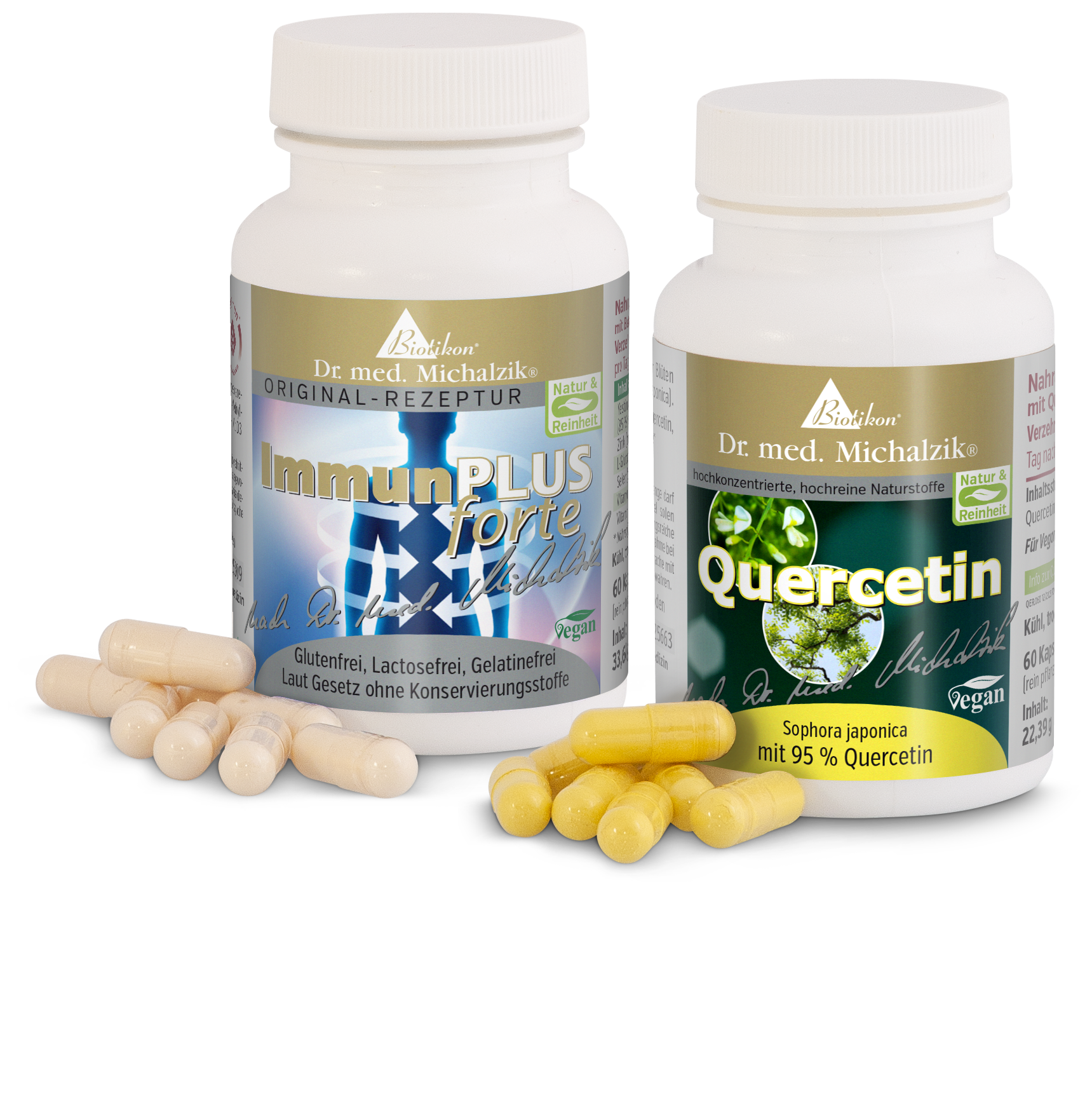ImmunPLUS Forte - 60 Capsules, Complément Alimentaire Deux bouteilles de compléments alimentaires, ImmunPLUS Forte et Quercétine, avec des capsules jaunes et transparentes.
