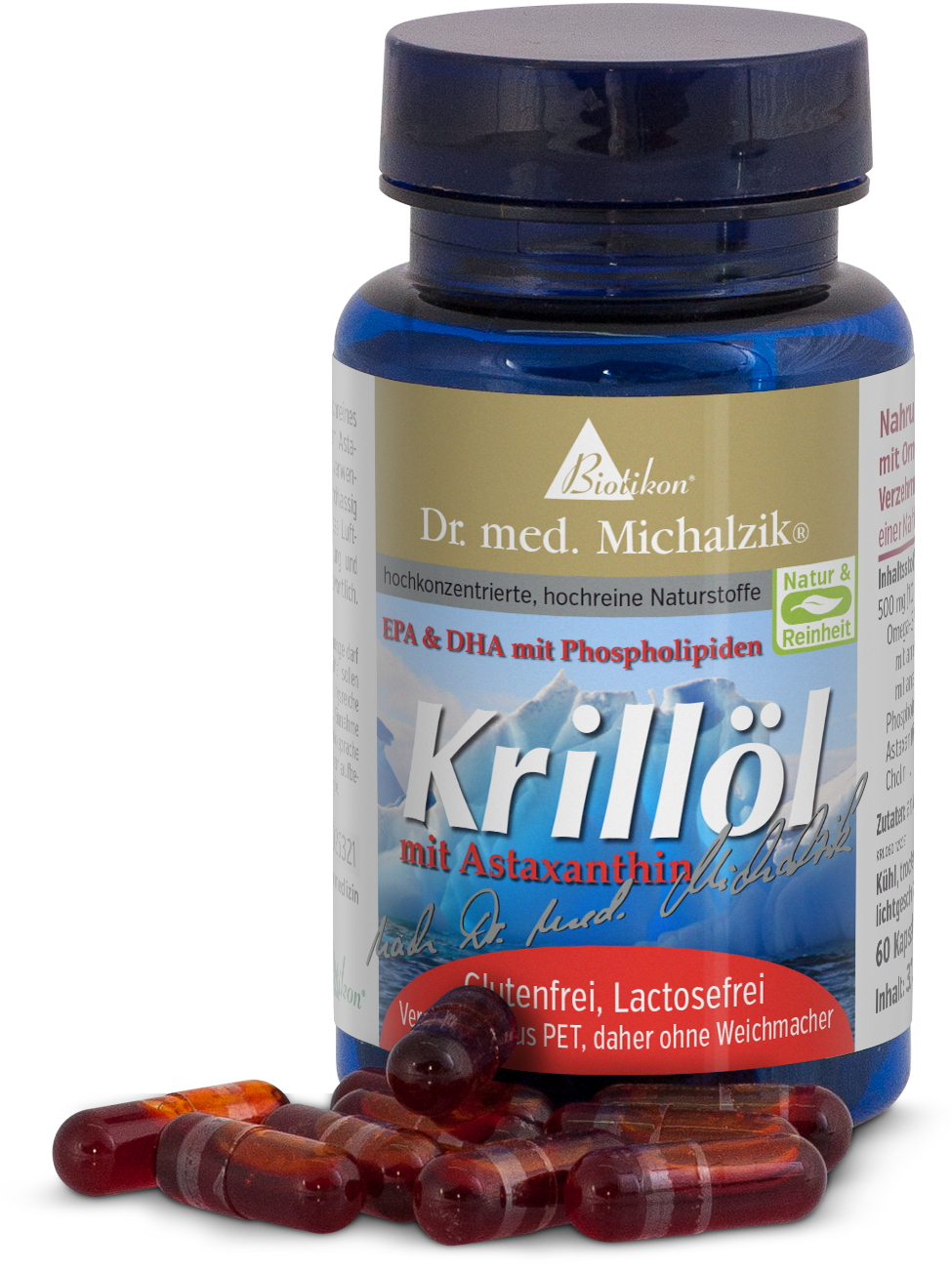 Huile de Krill 500 mg - Gélules Bouteille de 60 gélules rouges d'huile de krill, quelques gélules visibles, emballage bleu et blanc.