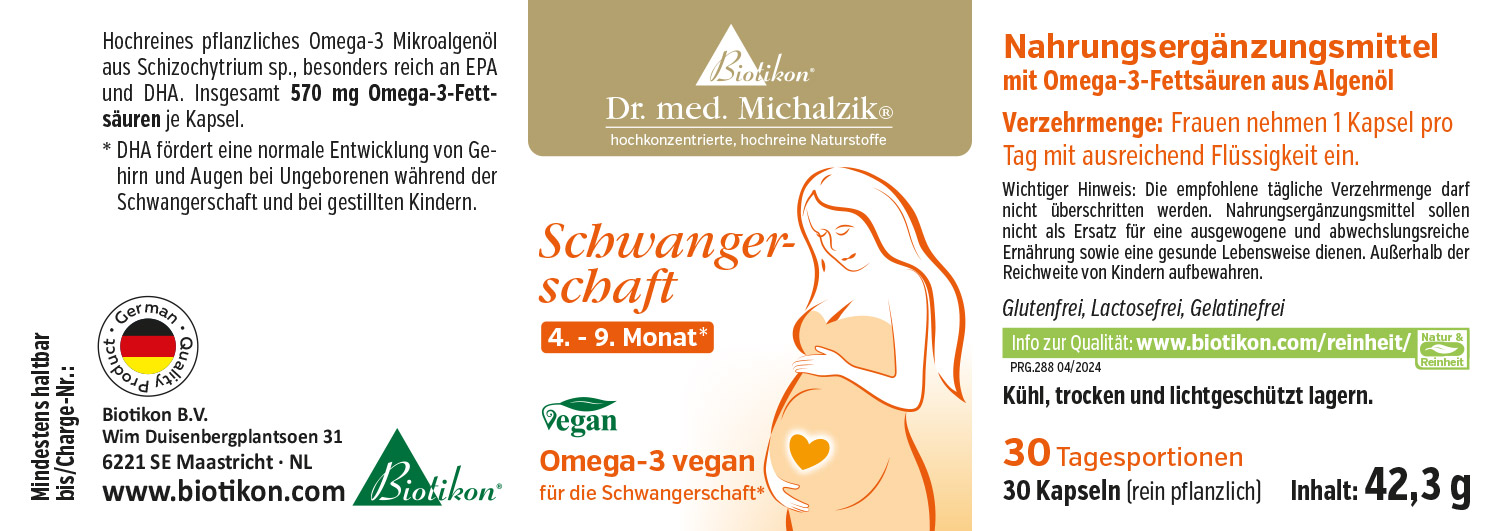 Acides gras Omega-3 570 mg – Capsules Complément alimentaire sous forme de capsules, 30 pièces, végan, avec Omega-3 pur provenant d'huile d'algues, emballage coloré.