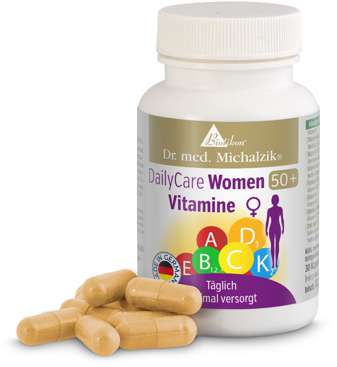 Multivitamines 50+ - Capsules Capsules de multivitamines pour femmes de 50 ans et plus, 30 pièces, dans un récipient clair sur fond blanc.
