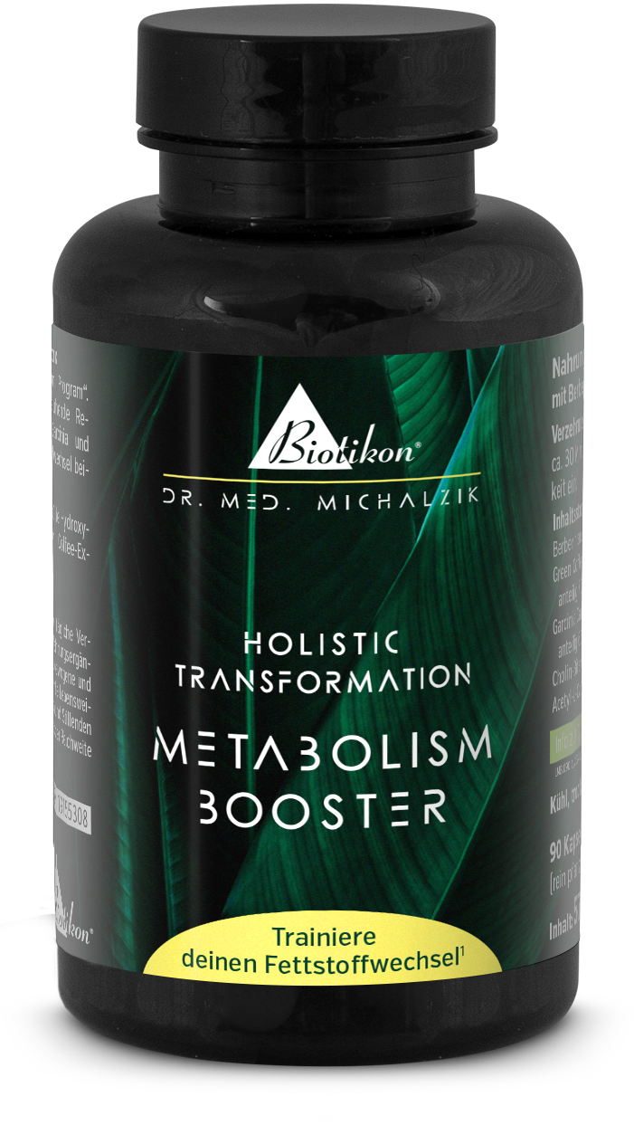Boosteur de Métabolisme – 90 Capsules Emballage de capsules noires avec 90 capsules, design de feuille verte, vue de face, pour le soutien du métabolisme.
