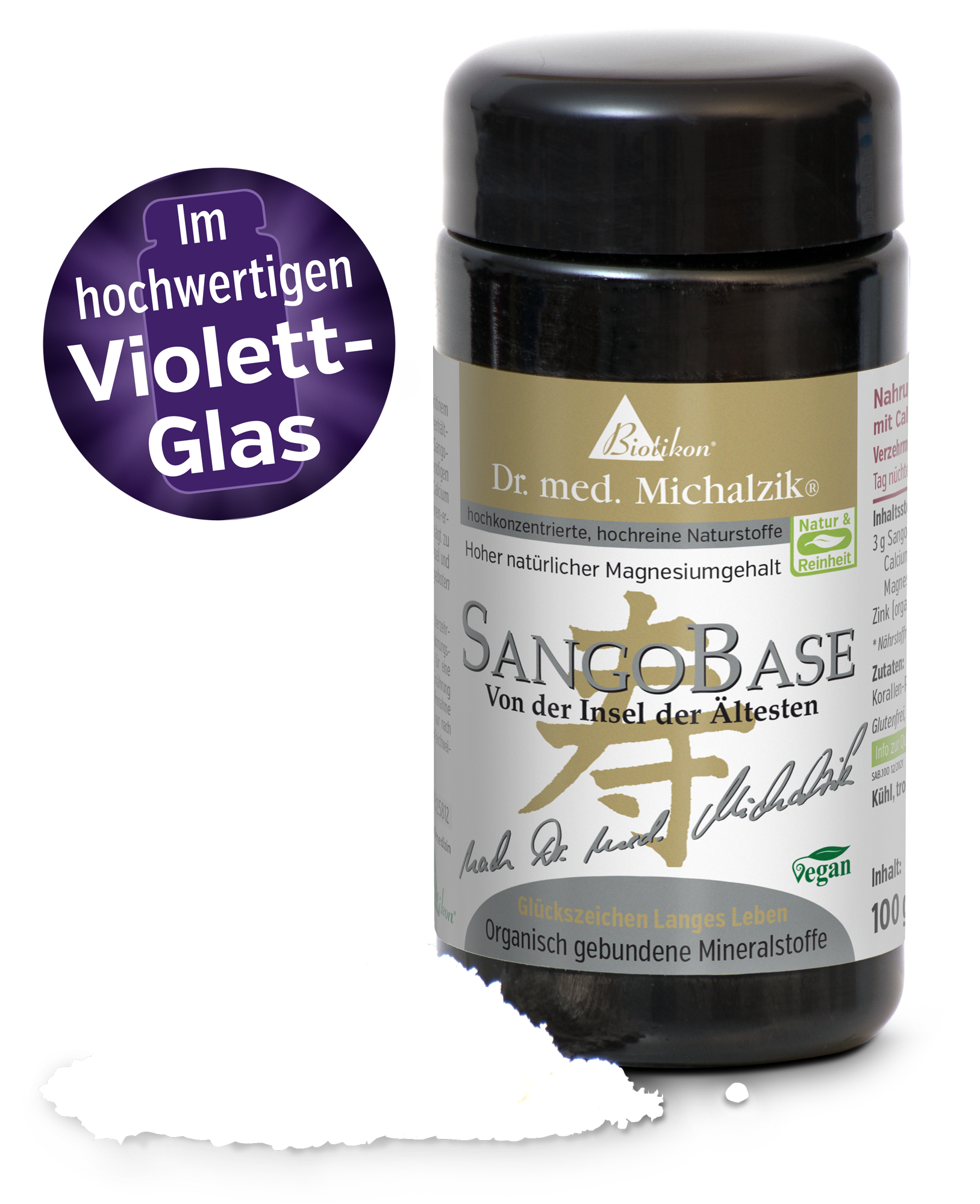 SangoBase 100 g – Minéraux Organiques SangoBase dans un récipient en verre noir, 100 g, minéraux organiquement liés, vegan.