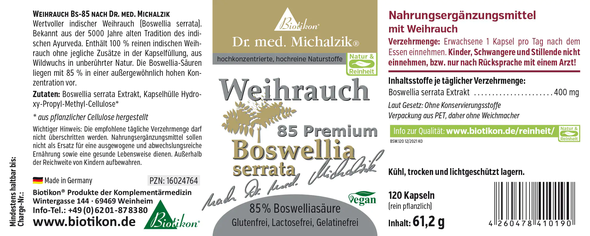 Complément alimentaire de Boswellia en gélules, 120 gélules, emballage en PET, végétalien, sans gluten.