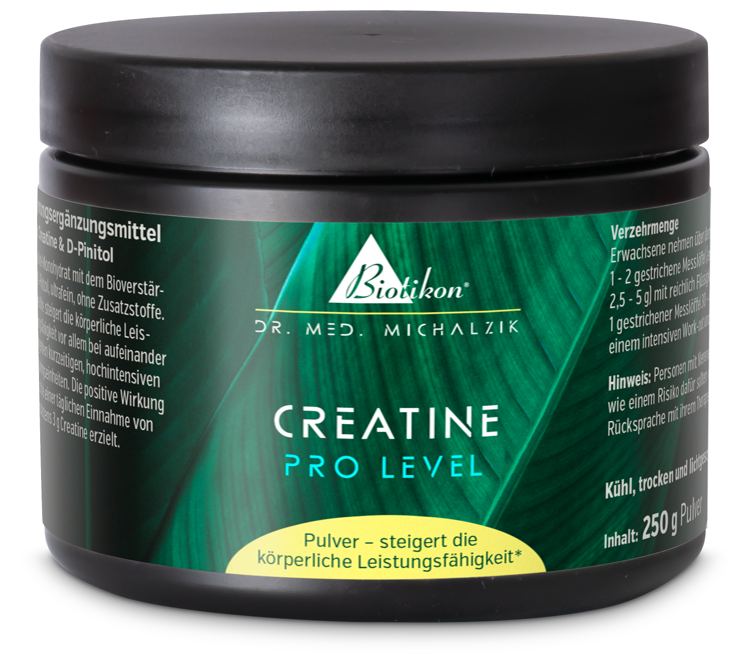 Créatine Pro Niveau – Poudre de 250 g Contenant de poudre noir avec 250 g de créatine, étiquette verte, vue latérale.