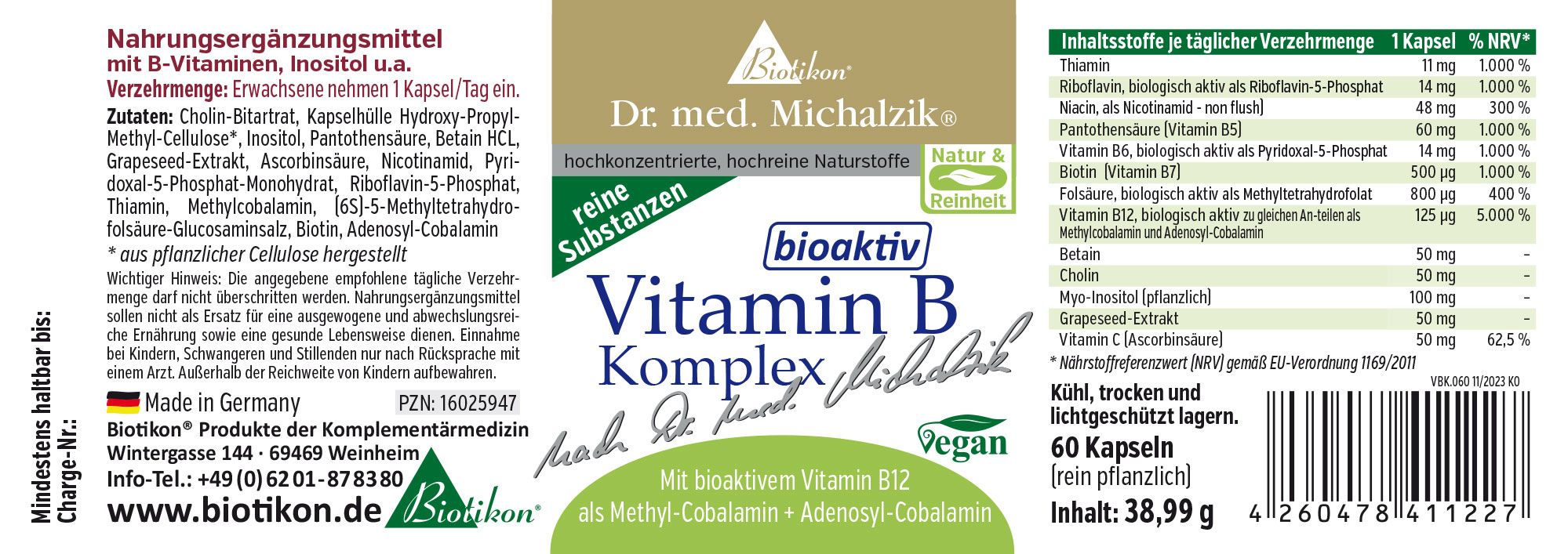 Complexe de Vitamine B – 60 Capsules Complément alimentaire avec des vitamines B, 60 capsules dans un emballage debout, design vert et blanc.