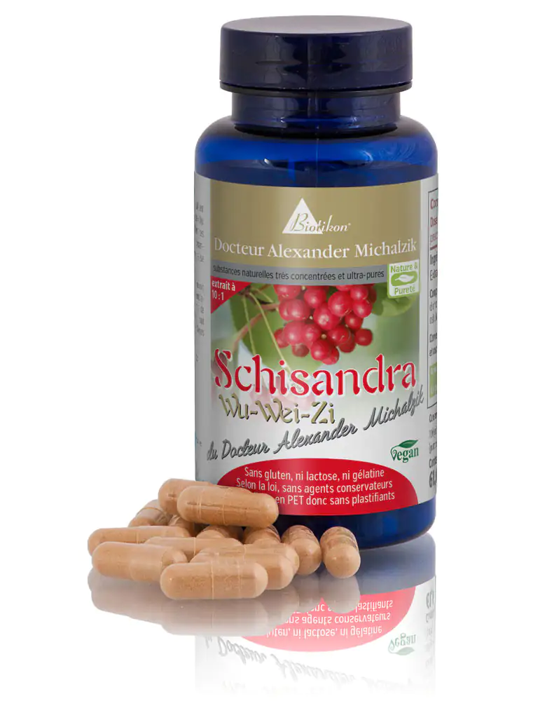 Schisandra Wu-Wei-Zi – 60 Capsules Capsules de Schisandra dans une bouteille bleue, 60 pièces, capsules beiges sur fond blanc.