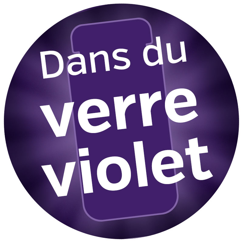 Graphique d'Alerte : Dans le Verre Violet Verre violet rond avec texte blanc, visible sur fond violet, pour le stockage d'ingrédients.