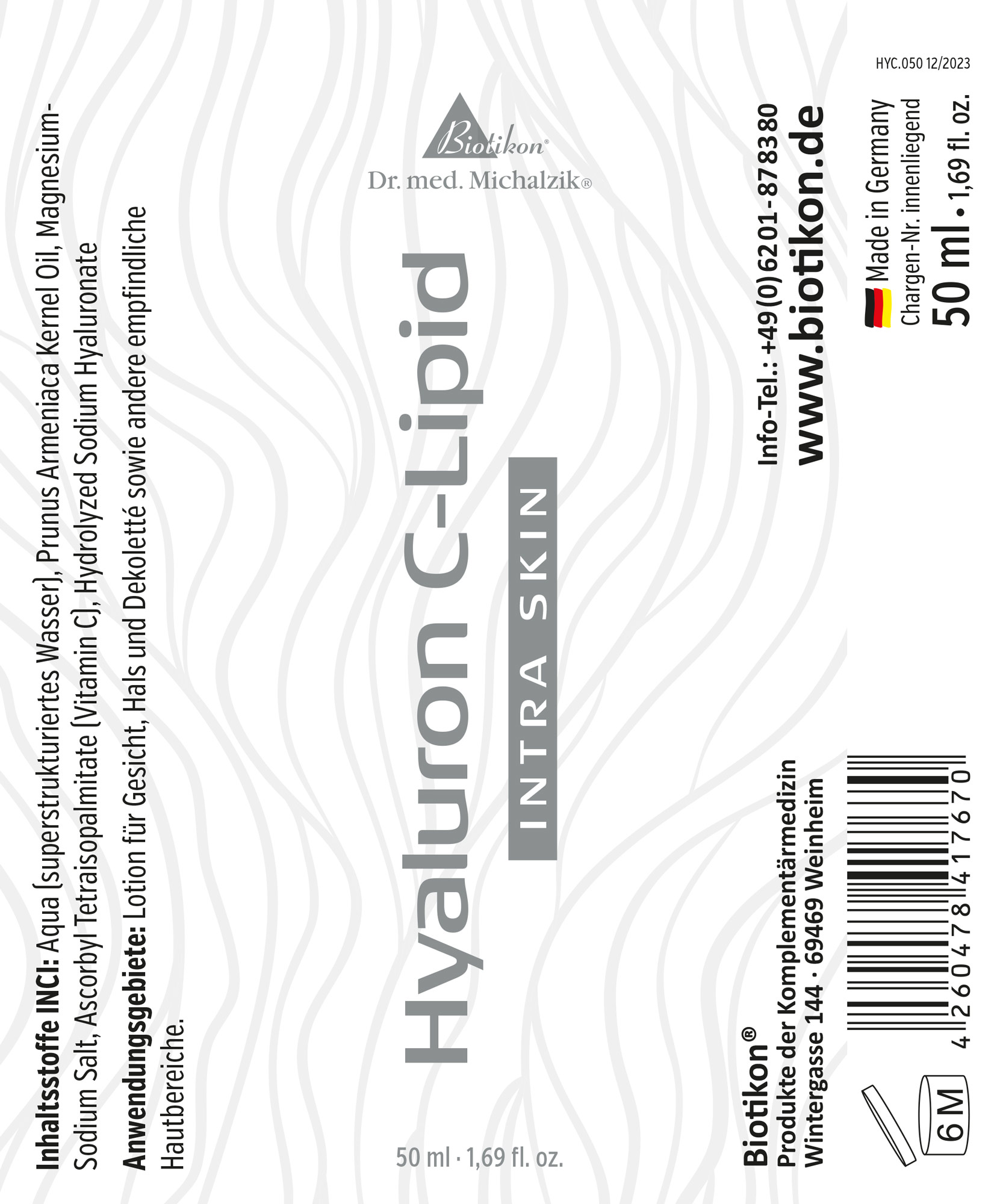 Hyaluron C-Lipid – Flacon de 50 ml Lotion Hyaluron C-Lipid dans un flacon de 50 ml, gris clair avec des motifs de vagues décoratifs.