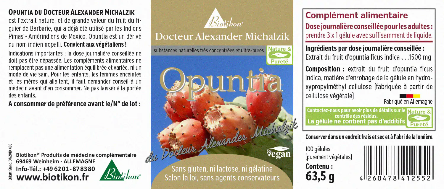 Opuntia 1500 mg – Gélules Gélules avec extrait d'Opuntia, 1500 mg, 100 pièces, emballage végétalien, sur fond bleu.