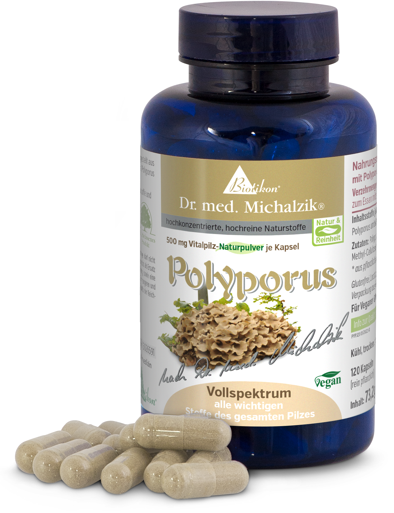 Polyporus 500 mg Capsules – 120 Compte Bouteille bleue contenant 120 capsules, chacune avec 500 mg de Polyporus. Les capsules sont beige clair.