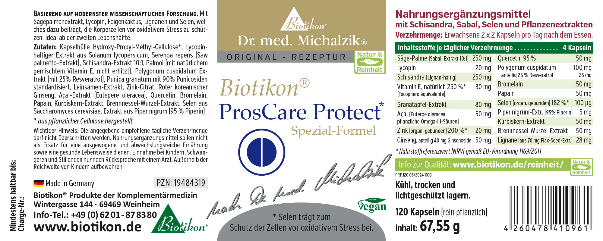 Biotikon ProCare Protect – 120 Capsules Complément alimentaire ProCare Protect dans un emballage de 120 capsules, capsules vegan, couleurs verte et dorée, vue latérale.