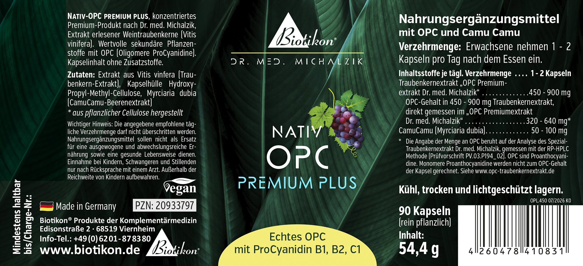 Complément alimentaire OPC, 72 gélules véganes, emballage violet, vue de devant montrant les ingrédients.