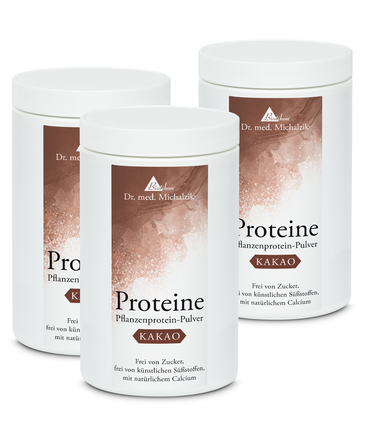Poudre de protéine végétale cacao - 3 x 300 g Trois canettes de poudre de protéine végétale cacao, chacune de 300 g, avec un design blanc et une étiquette brune, vue de face.