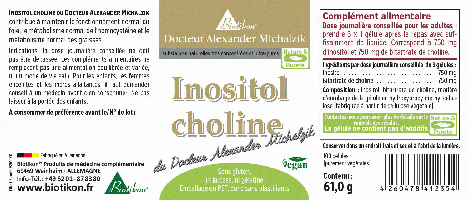 Inositol Choline 750 mg – 100 Capsules Complément alimentaire Inositol Choline en 100 capsules, formule végétale, emballage en PET.