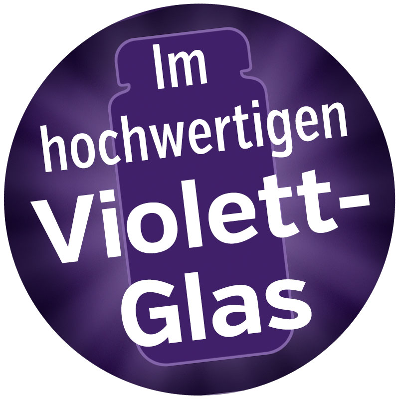 Étiquette ronde avec le texte 'Bouton en Verre Violet de Haute Qualité' sur fond violet.