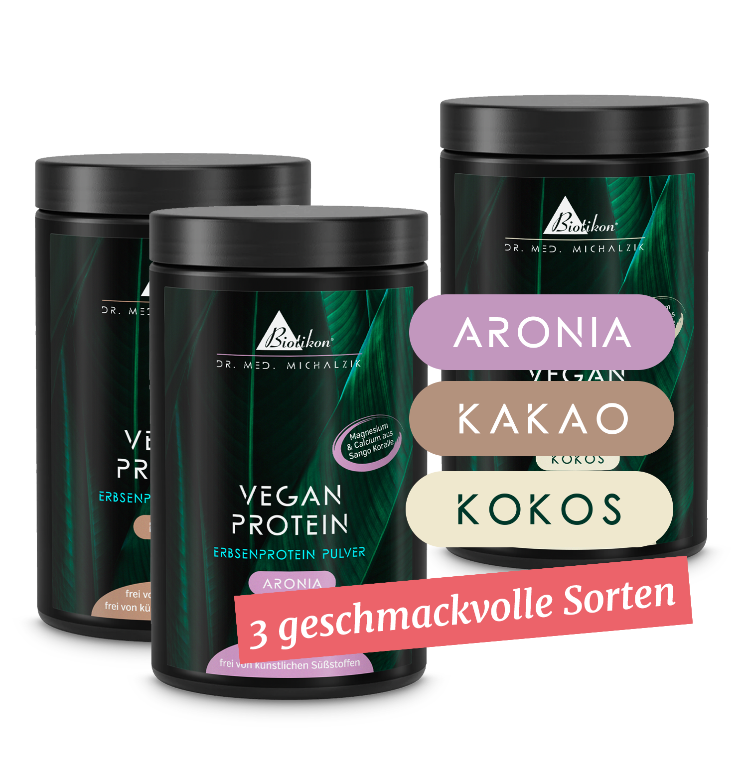 Trois contenants de poudre de protéine végétale en Aronia, Cacao et Noix de Coco, différentes couleurs, vue de face.