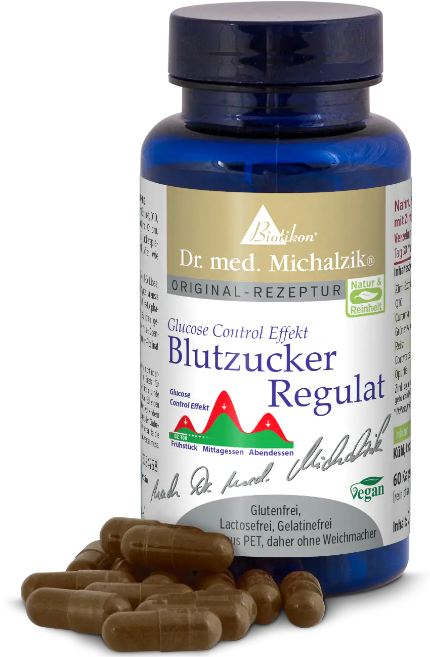 Régulateur de glycémie – 60 capsules Flacon de 60 capsules vegan en boîtier PET marron, bleu, étiquette et capsules visibles.