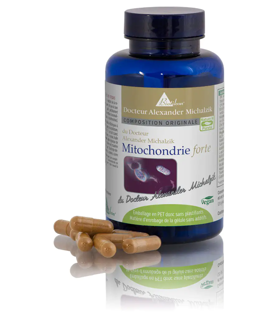 Mitochondries Forte – Capsules Capsules brunes dans un flacon bleu, emballées dans un récipient transparent, formule végétalienne.