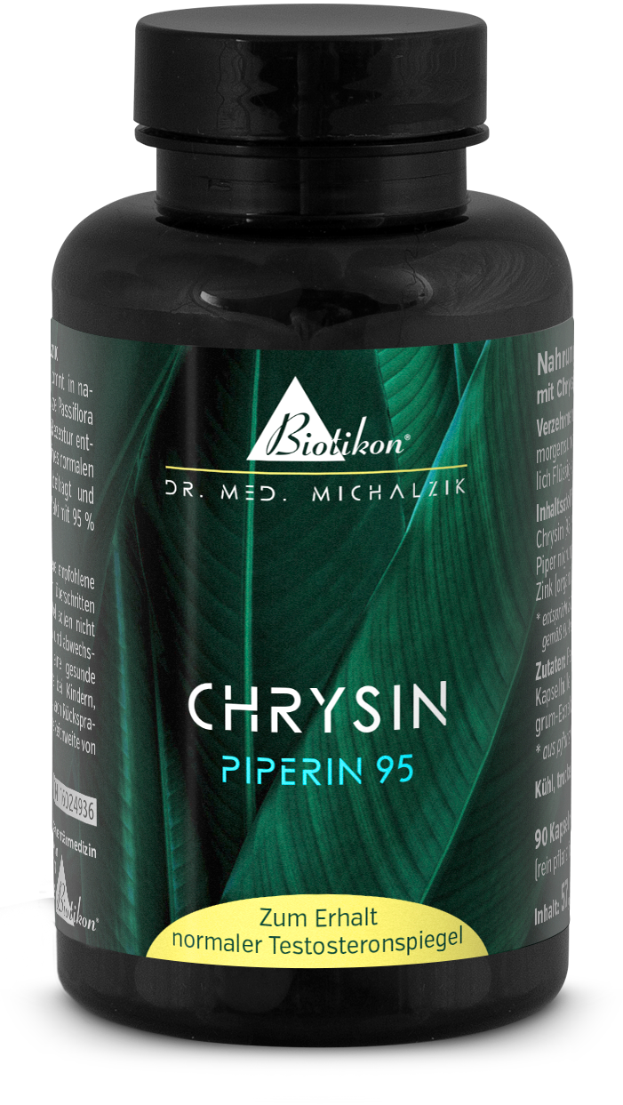 Chrysin 90 Capsules – Complément Alimentaire Bouteille bleue avec 90 capsules jaunâtres, véganes, sans gluten, sur fond blanc.