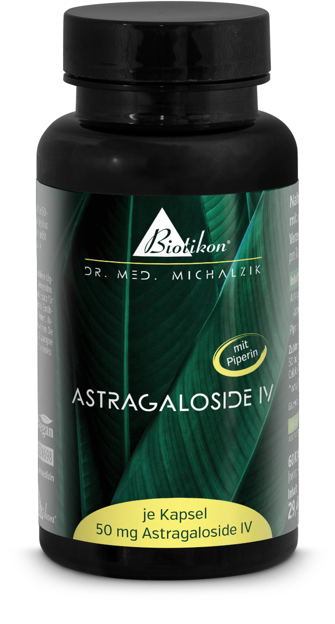Bouteille de 60 gélules d'Astragaloside IV, gélules beiges, vue de face, avec des gélules en vrac sur la table.