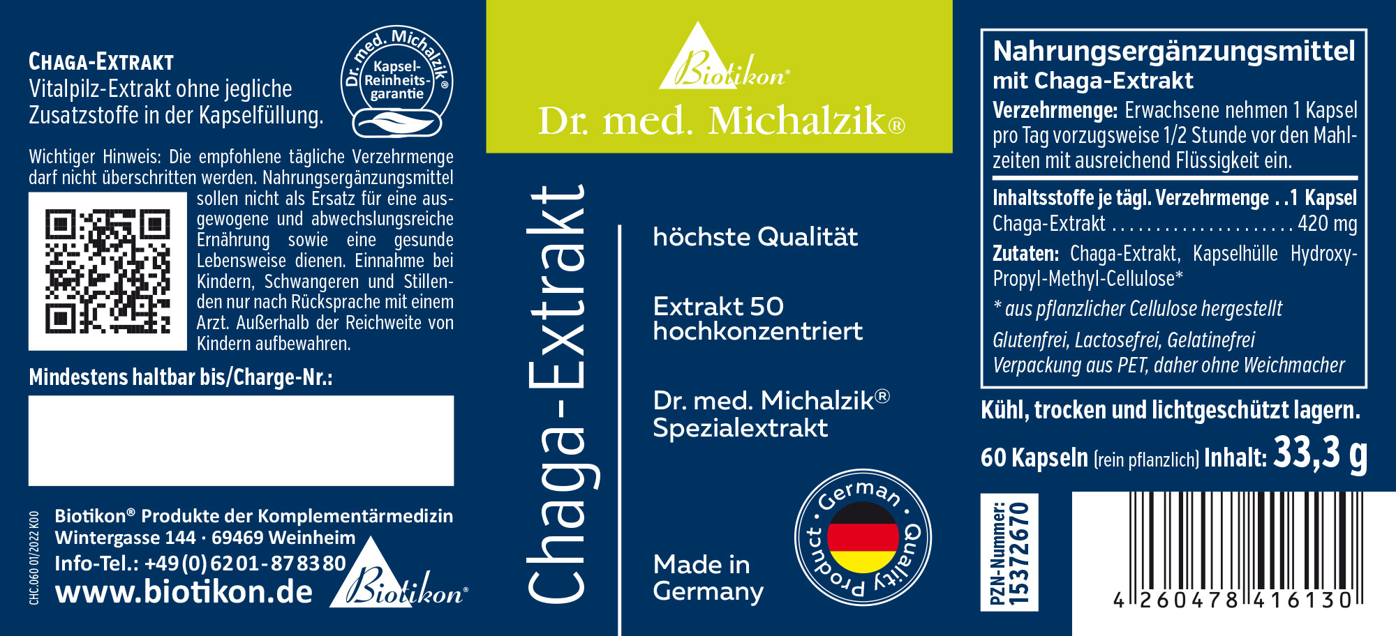Extrait de Chaga 420 mg - Capsules Extrait de chaga en 60 capsules, extrait de champignon hautement concentré, emballage bleu
