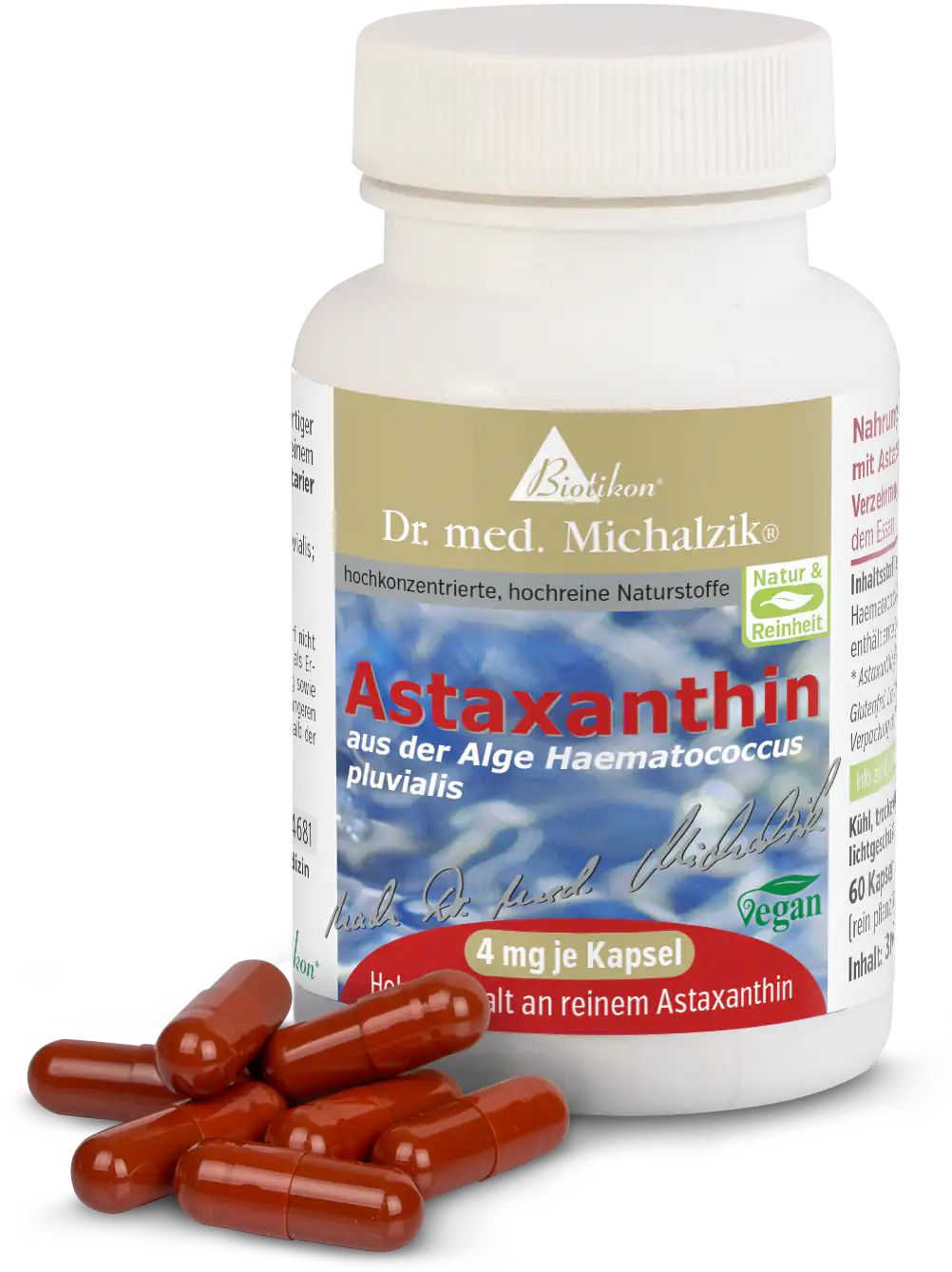 Astaxanthine 4 mg – Capsules 60 capsules d'astaxanthine provenant de Haematococcus pluvialis, capsules brun-rouge dans un contenant blanc.