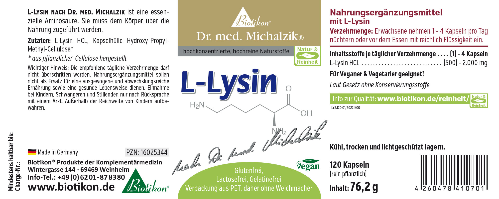 L-Lysine 500 mg – 120 Capsules Complément alimentaire vegan L-Lysine en capsules, 120 pièces, emballage vert et blanc.