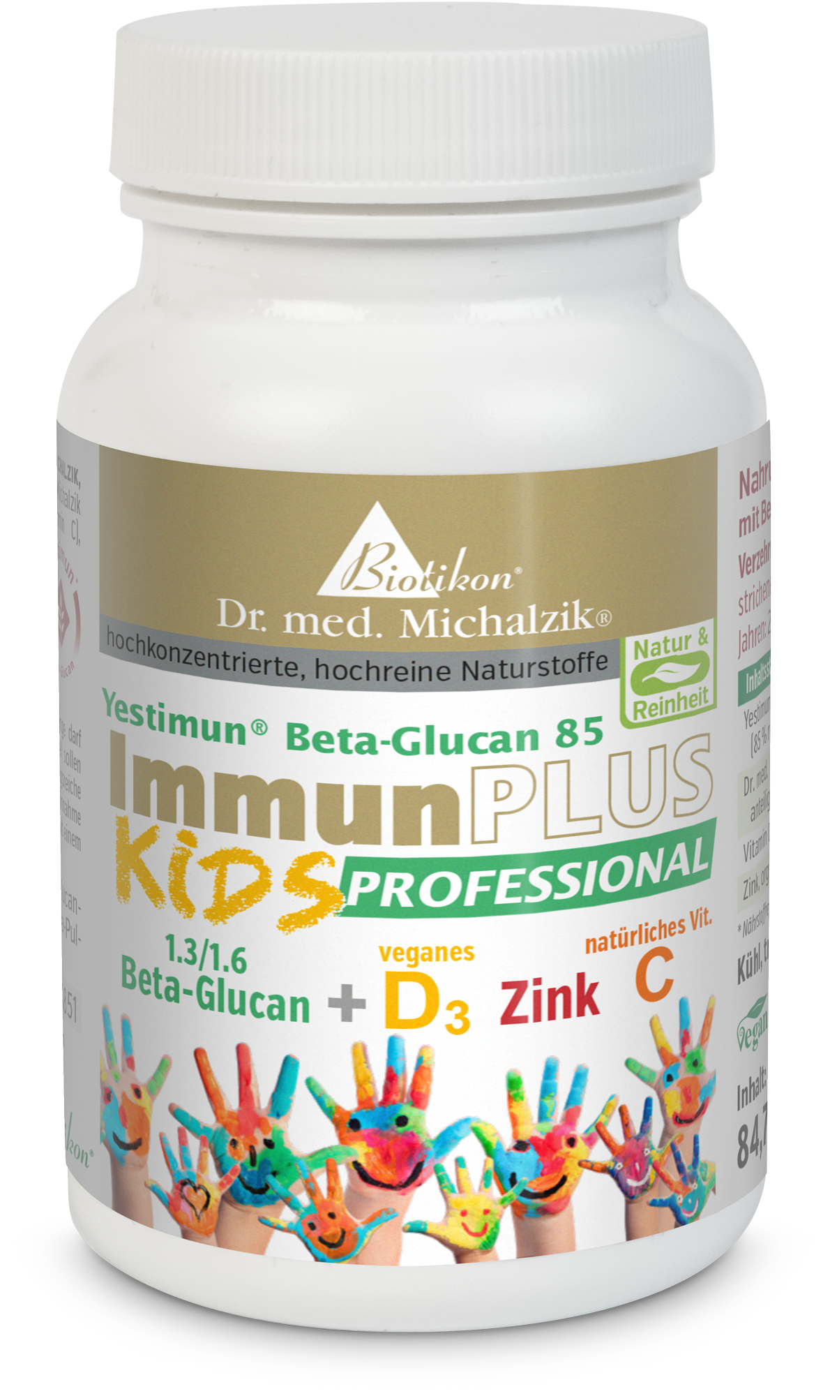 ImmunPLUS KIDS – 84 Capsules Capsules végétaliennes dans un contenant blanc avec des mains d'enfants colorées, 84 pièces.