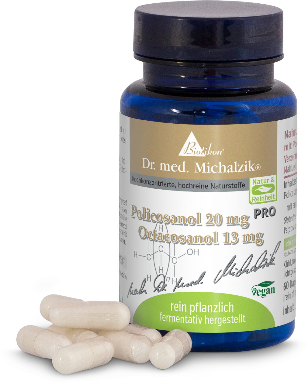 Policosanol 20 mg – Complément Alimentaire Capsules Emballage contenant Policosanol 20 mg et Octacosanol 13 mg, 60 capsules, contenant bleu, capsules véganes.