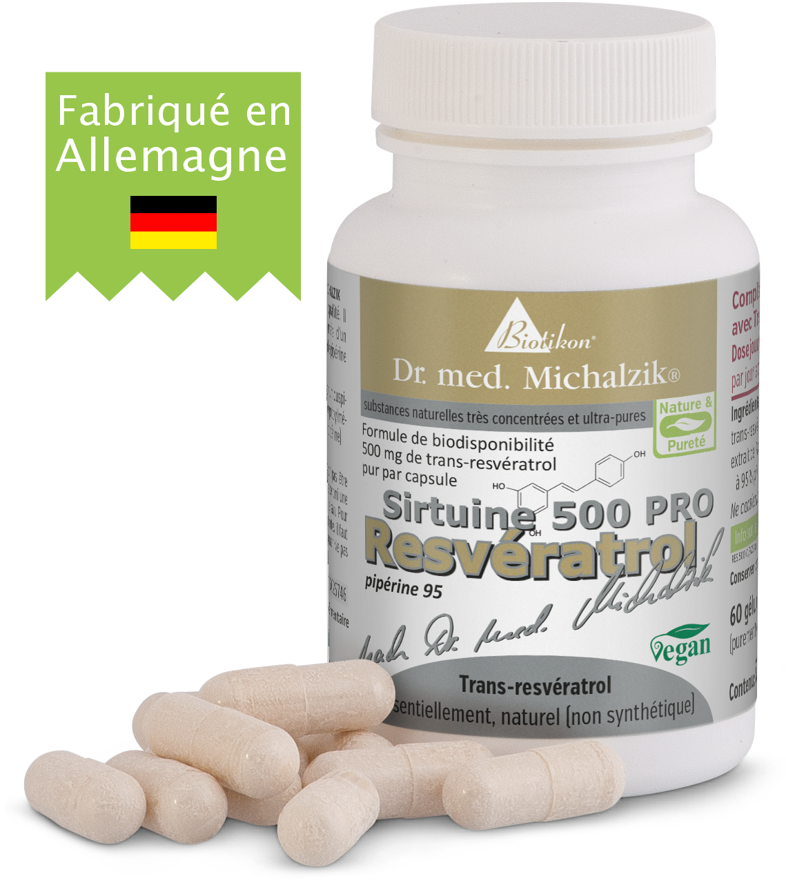 Capsules de Resvératrol 500 mg - 60 Comptes Capsules de trans-resvératrol en couleur beige, rondes, emballage en plastique, informations produit en allemand.