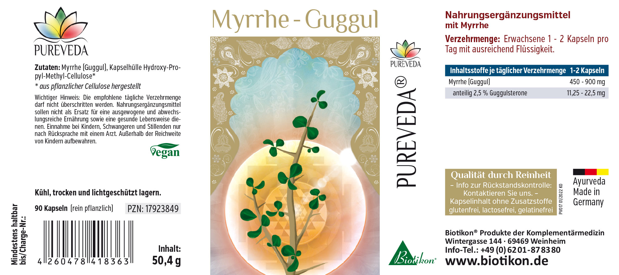 Myrrhe Guggul 90 Capsules – Complément Alimentaire Complément alimentaire avec myrrhe, 90 capsules végétaliennes, emballage jaune, vue de côté.
