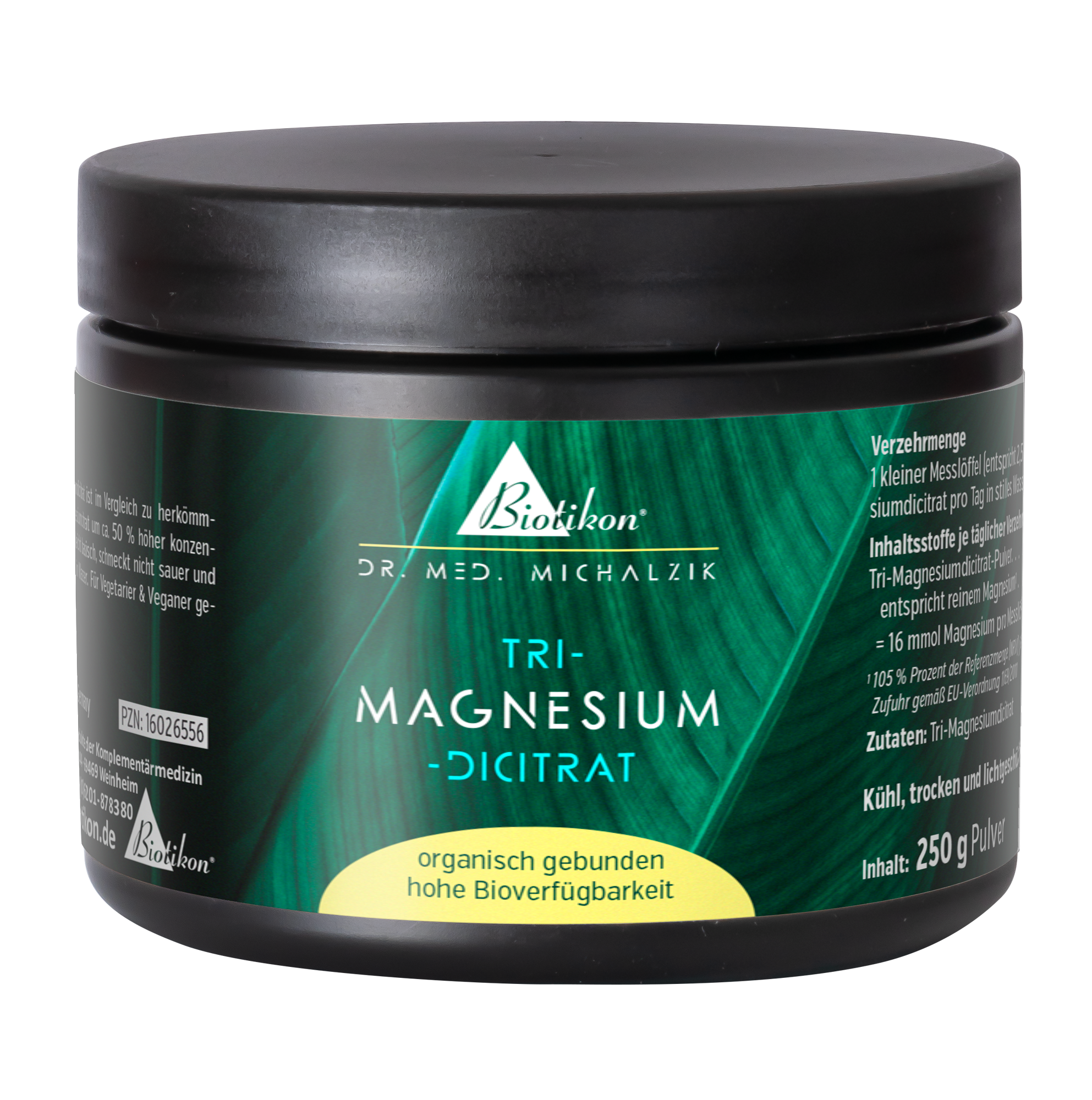 Tri-Magnésium Dicitrat 250 g - Poudre Tri-Magnésium Dicitrat dans un récipient noir, poudre de 250 g, surface légèrement brillante.