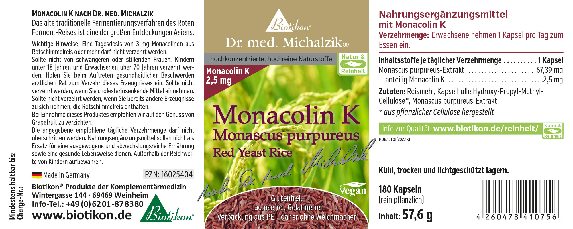 Capsules de supplément Monacoline K Supplément alimentaire Monacoline K en capsules, 180 pièces, coquille de capsule brune, emballage en PET.