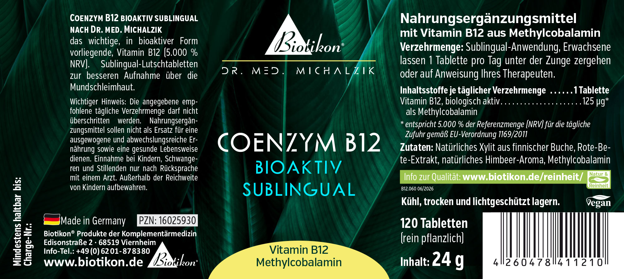 Coenzyme B12, 125 µg, 120 comprimés sublinguaux, emballage blanc et doré, vue de face.