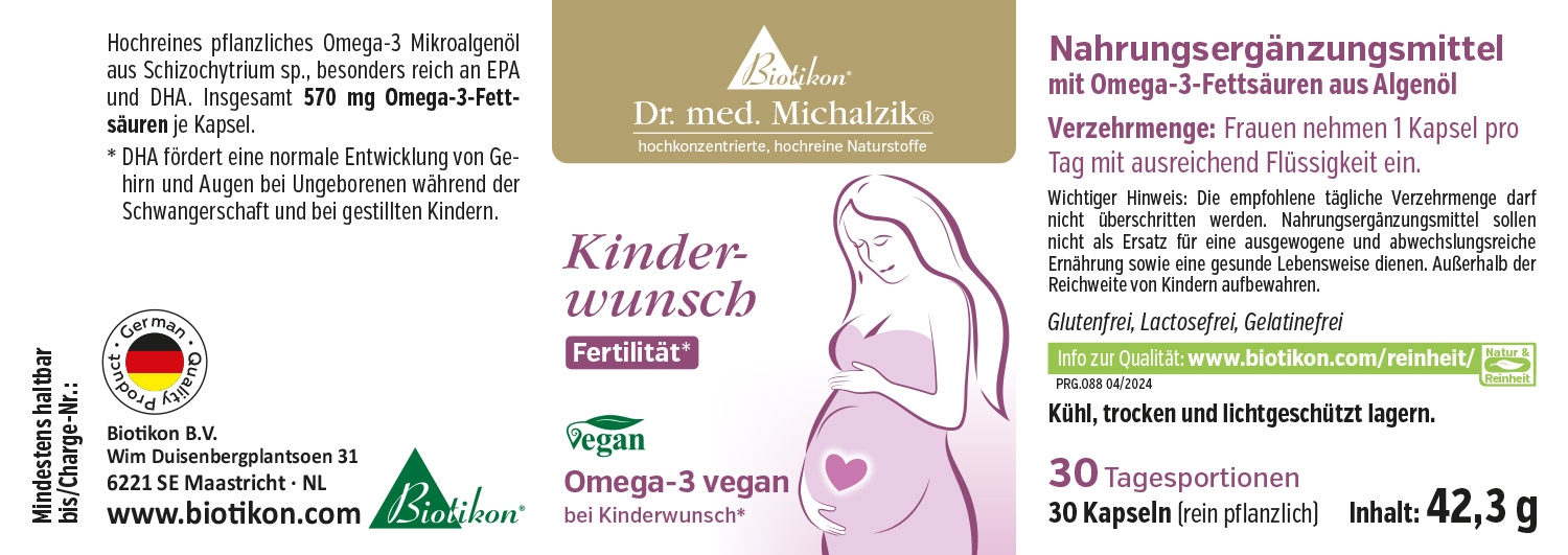 Acides Gras Oméga-3 570 mg – 30 Capsules Végétales Complément alimentaire oméga-3 à base de microalgues, 30 capsules, végétalien, emballage rose et or.