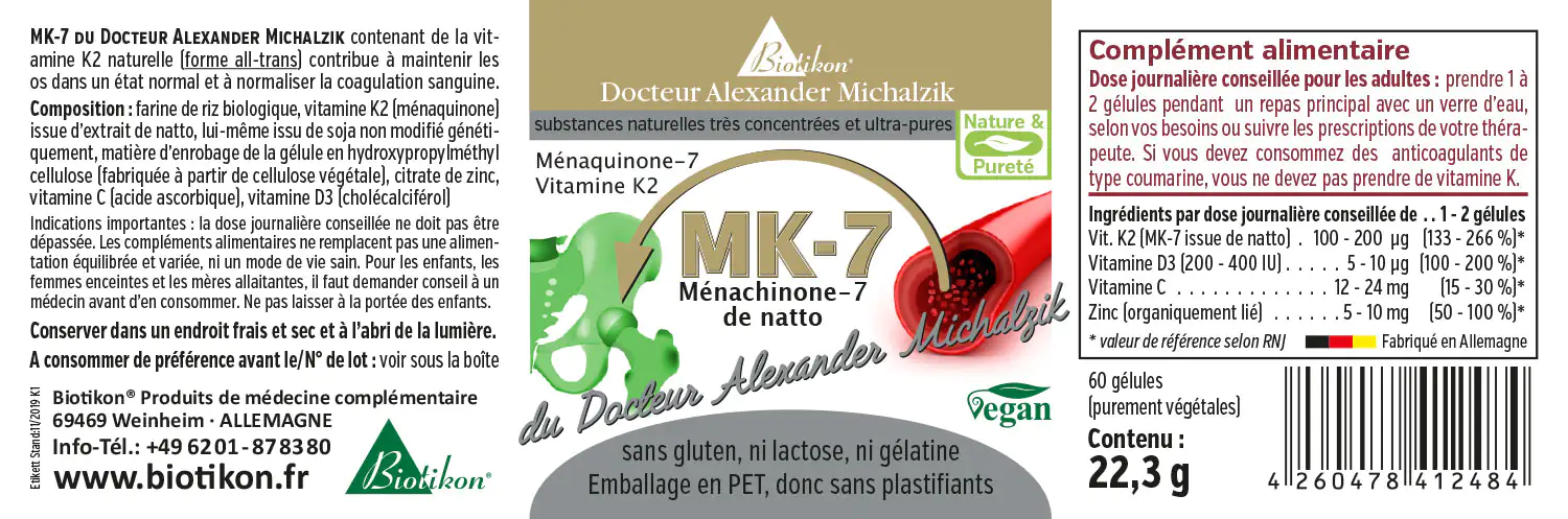 Vitamine K2 MK-7 - 60 Capsules Vitamine K2 MK-7 de Biotikon, 60 capsules végétaliennes en emballage PET, couleur verte.