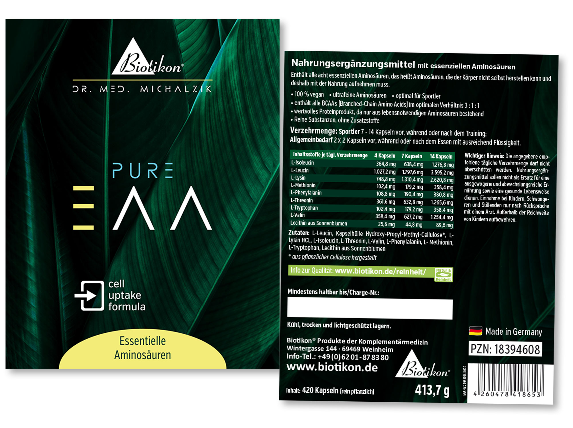 Acides Aminés Essentiels 420 Capsules Paquet d'acides aminés essentiels en capsules, 420 pièces, emballage vert, avant et arrière visibles.