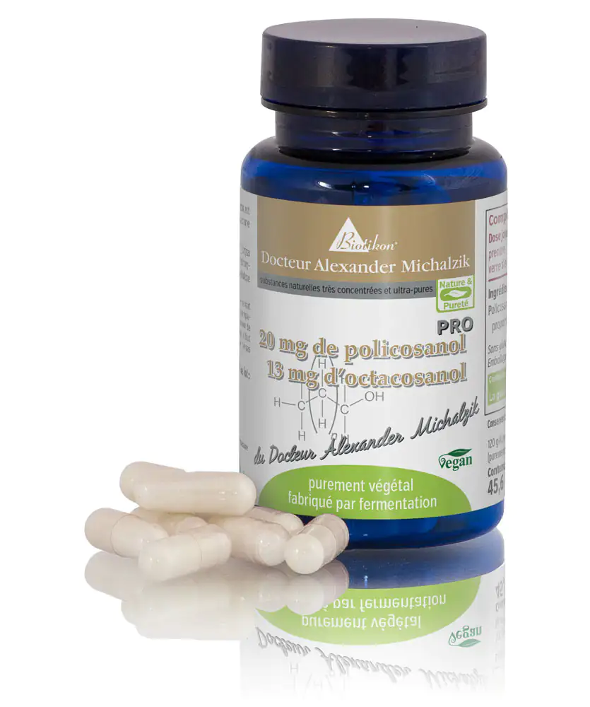 Policosanol 20 mg - Gélules Bouteille brune contenant 120 gélules, chacune contenant 20 mg de Policosanol, sur fond blanc.