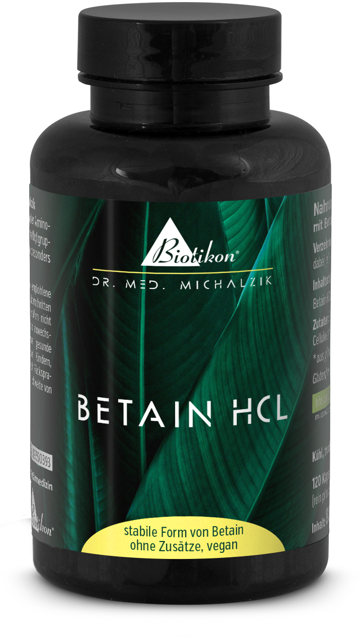 Bétaïne HCL 120 Capsules - Forme Stable, Végétalienne Bouteille de 120 capsules de Bétaïne HCL, emballage noir avec accents verts.