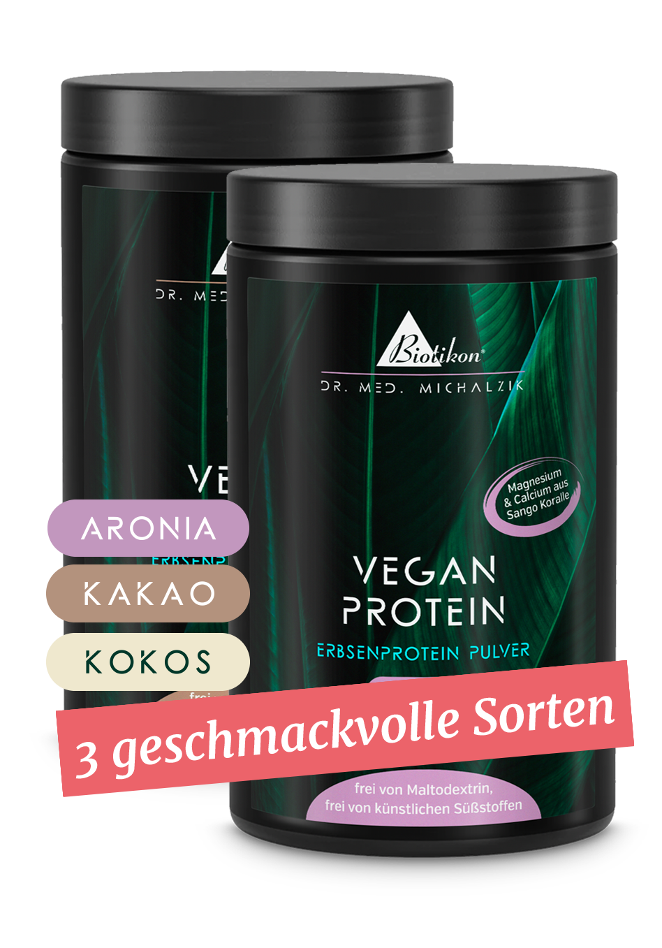 Deux contenants de poudre de protéines végétales en Aronia, Cacao et Coco, blanc, vue de face.