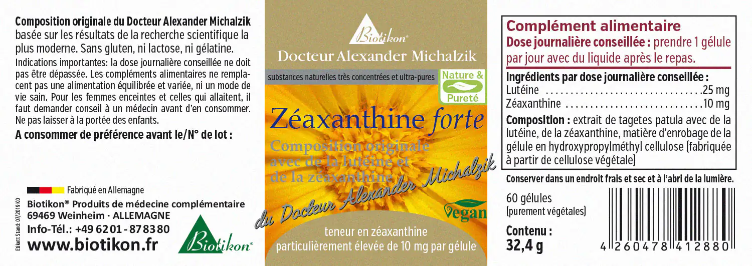 Lutéine Forte 10 mg – 60 Capsules Complément alimentaire Lutéine Forte, 60 capsules végétales, forme de capsule gélatineuse, emballage jaune, vue de face.