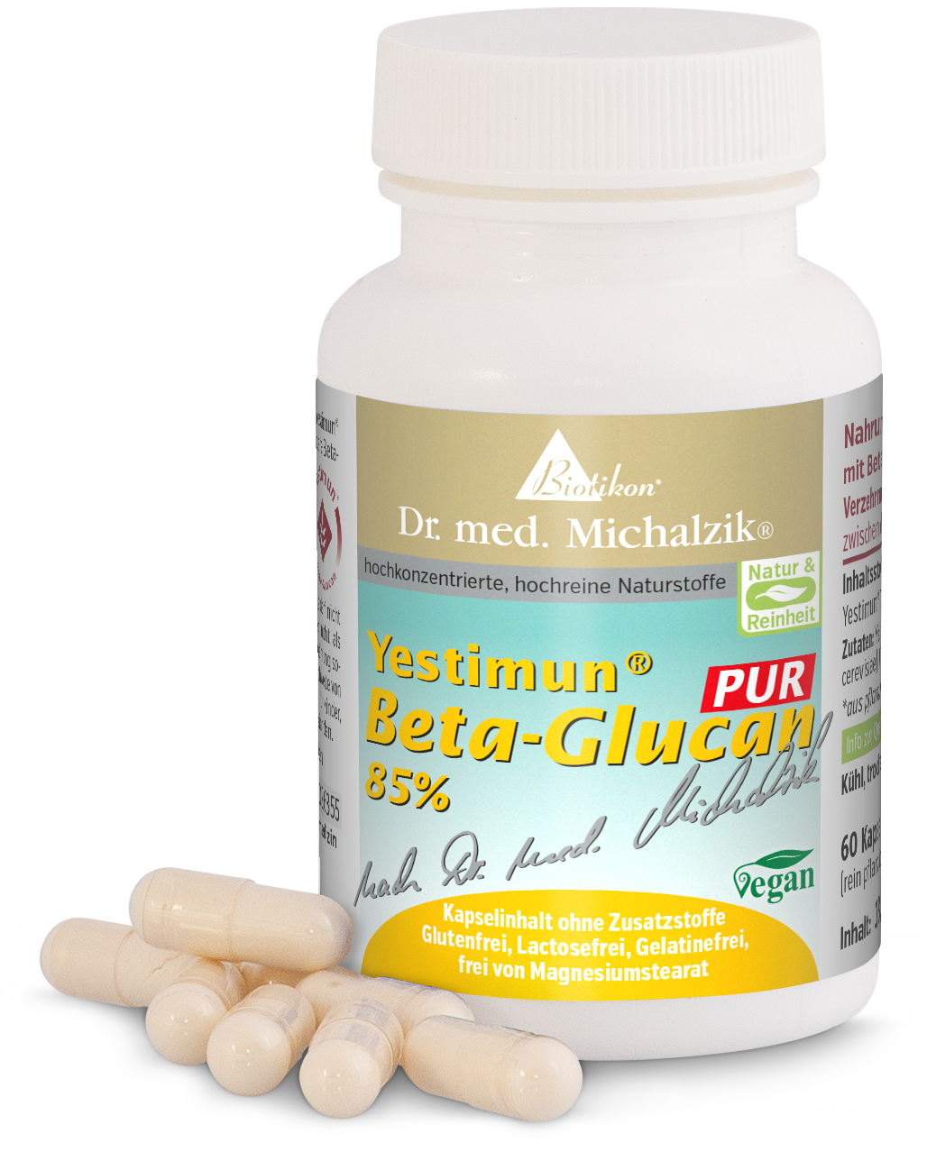 Beta-Glucane 85% - 60 Capsules Yestimun Beta-Glucane 85%, 60 capsules dans un récipient blanc, capsules à l'avant, emballage coloré.