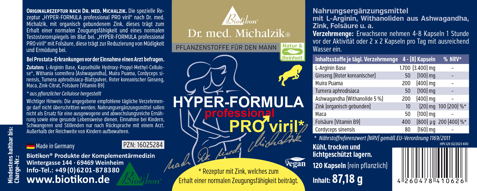 Hyper-Formula PRO viril – 120 Capsules Complément alimentaire dans un emballage bleu, 120 capsules végétales pour hommes, avec L-Arginine et Zinc.