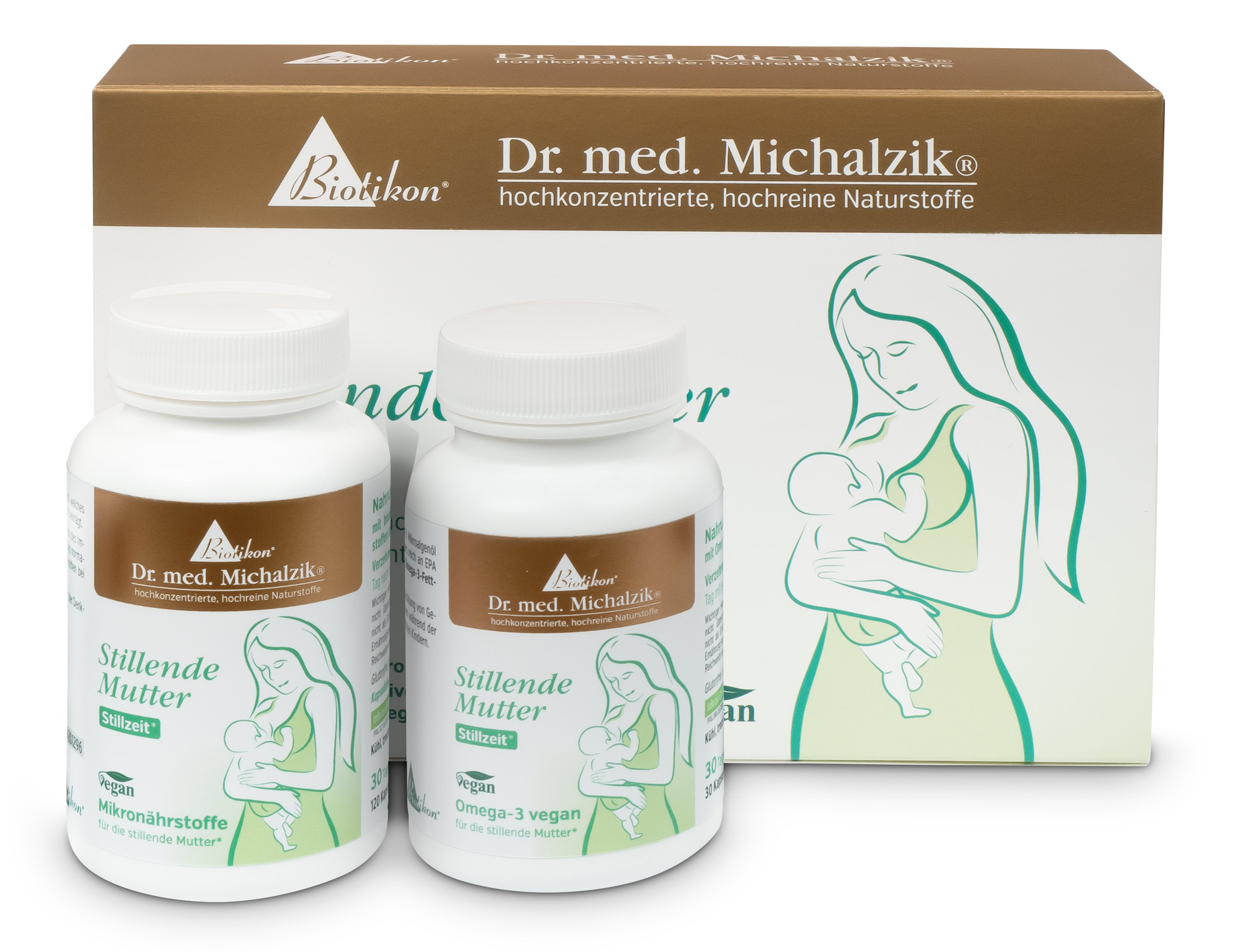 Micronutriments pour Mères Allaitantes – 30 Capsules Deux bouteilles de compléments pour mères allaitantes, 30 capsules par bouteille, blanches avec étiquettes brunes, emballage en arrière-plan.