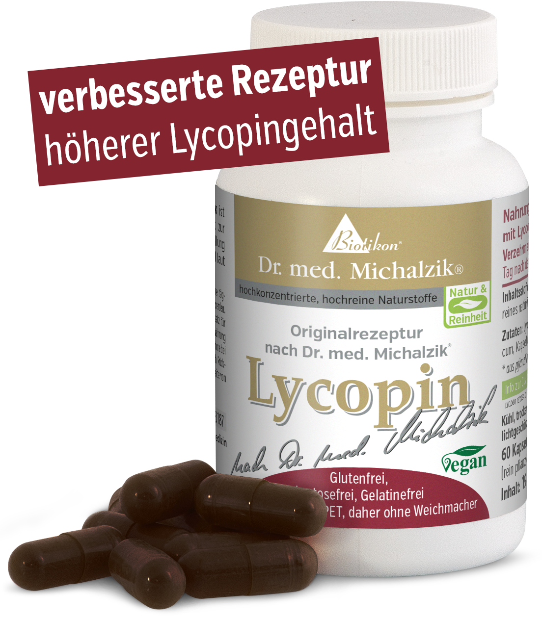 Capsules de Lycopène – 60 unités Capsules de lycopène dans une bouteille blanche, 60 capsules, brun foncé, végan.