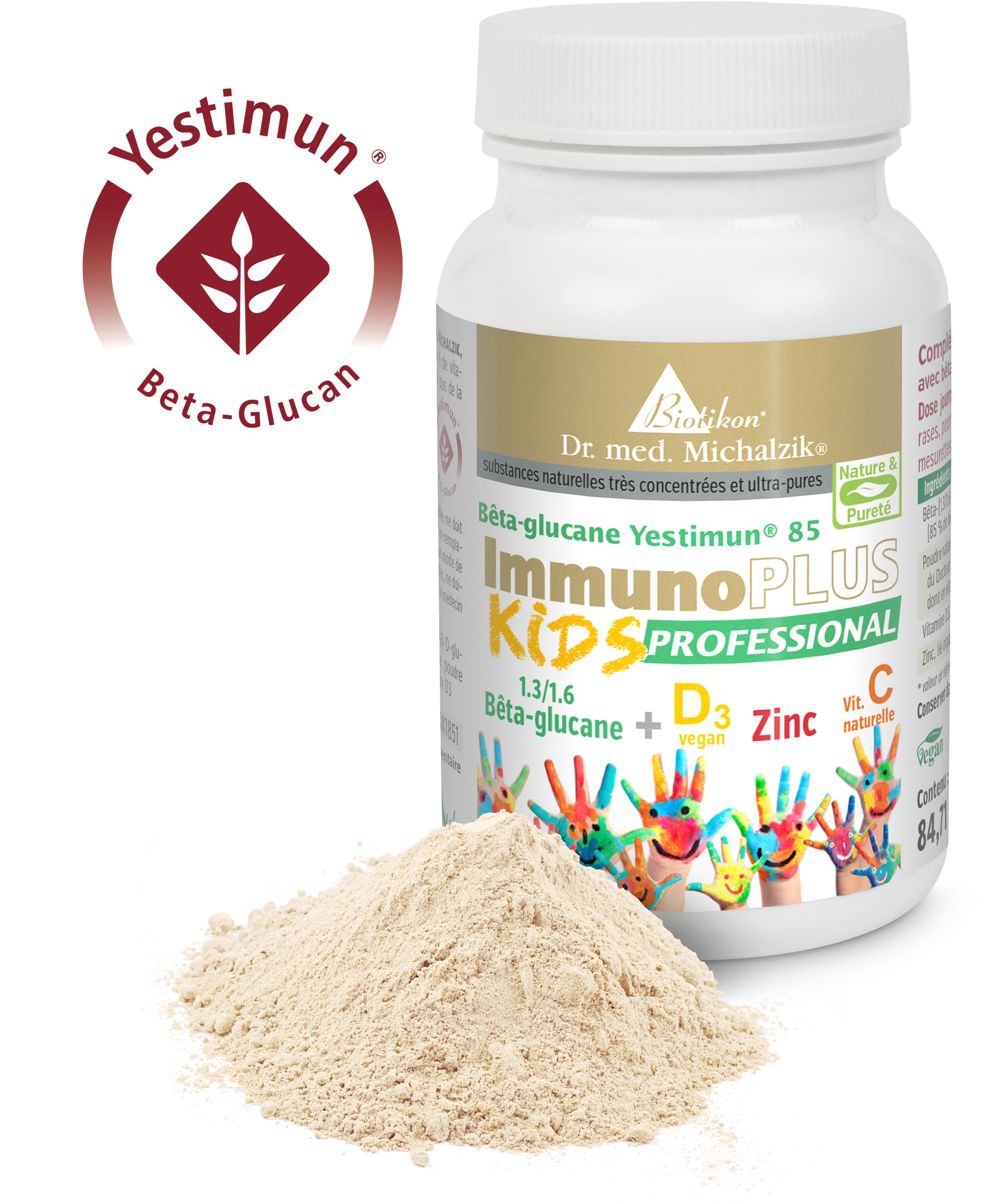 Beta-Glucane Yestimun 85 – ImmunoPLUS Enfants Poudre ImmunoPLUS Enfants, 84 g, épice claire, emballage arrondi avec des mains d'enfants colorées.