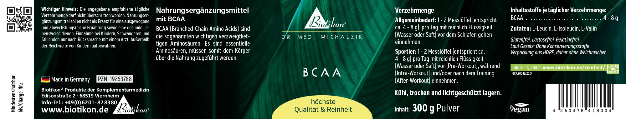 Poudre de BCAA – 300 g Complément alimentaire BCAA en poudre, 300 g, emballage vert, vu de face.