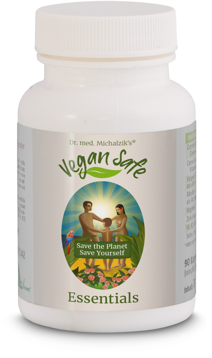 Essentiels Végans Sûrs – 90 Capsules Essentiels Végans Sûrs dans un flacon blanc de capsules avec 90 capsules, étiquette colorée et illustration d'une famille.