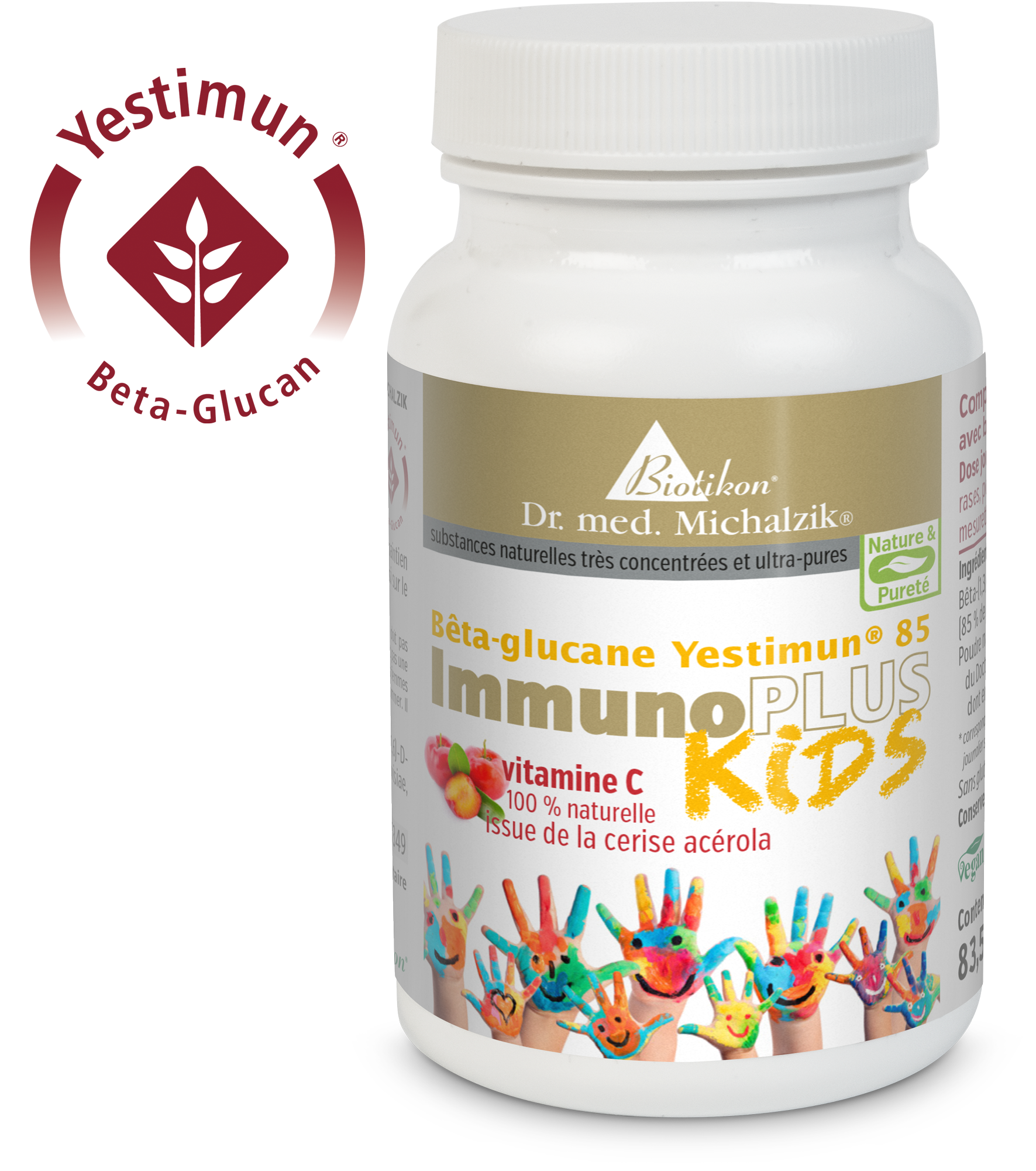 ImmunoPLUS Kids – 85 Capsules Complément alimentaire pour enfants, 85 capsules dans un contenant blanc avec un design coloré, contenant de la vitamine C.
